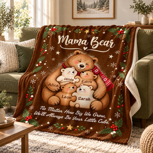 Personalized Mama Bear Christmas Blanket โ Custom Kids' Names Bear Family Fleece Blanket, Christmas Gift For Mom From Her Children