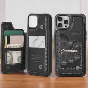 Personalized Heart Leather Flip Wallet Phone Case Gifts For Mom, Grandma