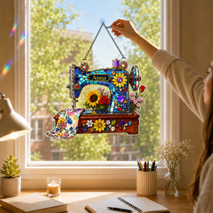 Meaningful Gift For Sewing Lovers – Personalized Floral Sewing Machine Acrylic Suncatcher