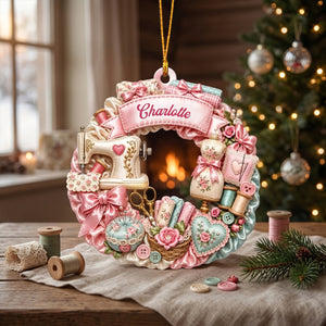 Custom Name Sewing Machine Wreath,Personalized Christmas Ornament Gift For Sewing Lovers