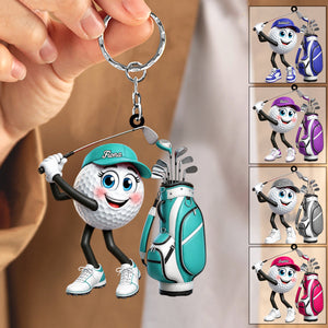 Golf Backswing Pose Cartoon Golfer Personalized Golf Ball Mascot Keychain Gift for Male & Female Golfer