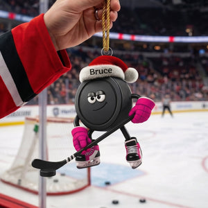Personalized Santa Hat Hockey Puck Hanging Ornament โ Custom Christmas Ice Hockey Acrylic Gift For Fans