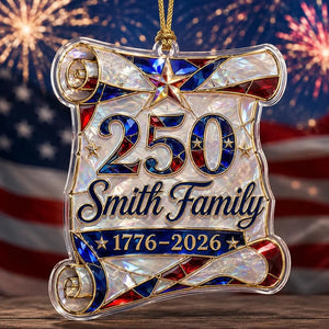 Personalized 1776β2026 Hologram Scroll Acrylic Ornament β America 250th Family Keepsake Gift