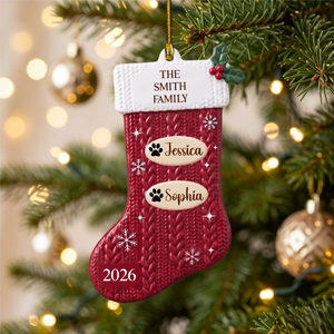 Personalized Red Knit Stocking Family Ornament β Custom Family Name, Year & 10 Names | Acrylic Custom Shape Keepsake
