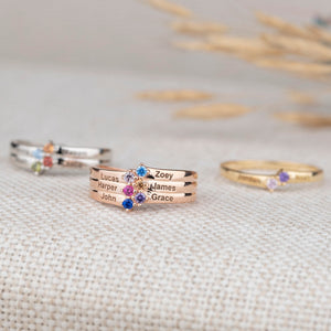 Family Birthstone Personalized 1-8 Names Engraving Ring, Mothers Ring