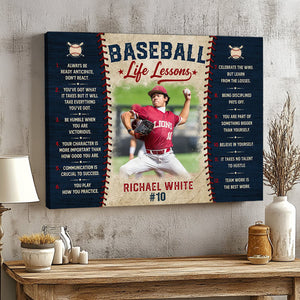 Baseball Life Lessons Canvas, Personalized Baseball Wall Art, Custom Player Name & Number