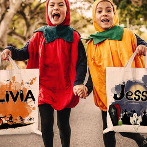 Personalized Halloween Canvas Tote Bag - Pumpkin Witch Black Cat Castle Skeleton Ghost