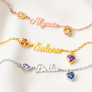 Personalized Heart Birthstone Birth Flower Bracelet with Name
