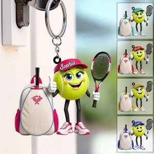 Cute ThumbsβUp Tennis Ball Mascot with Tennis Backpack Design Keychain - Personalized Tennis Keychain