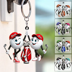 Cute High‑five Golf Couple Personalized Golf Ball Mascot Keychain