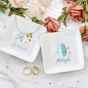 Personalized Birthstone Ceramic Square Trinket Jewelry Dish With Name, Gift For Girls Women