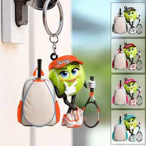 Tennis Racket & Tennis Backpack Design Keychain - Personalized BigβEye Tennis Ball Mascot Keychain