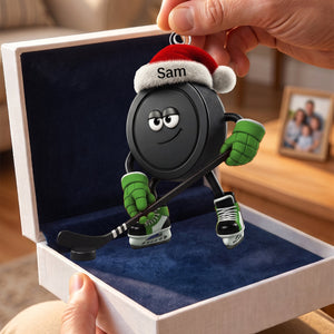 Personalized Santa Hat Hockey Puck Hanging Ornament โ Custom Christmas Ice Hockey Acrylic Gift For Fans