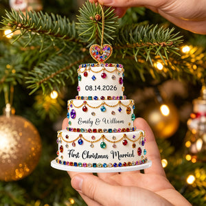 First Christmas Married Personalized Colorful Diamond Wedding Cake Ornament, Gift For Couples