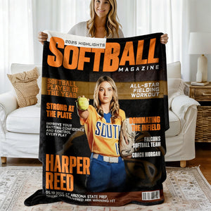 Personalized Softball Magazine Cover Blanket, Custom Sport Magazine Cover, Softball Player Gift