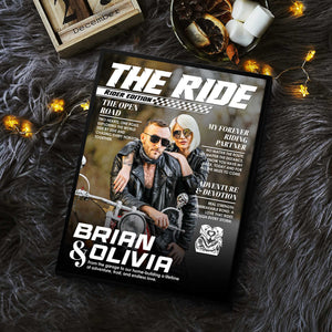 Personalized Custom Photo Biker Couple Magazine Cover Poster, Anniversary Gift for Riders, Motorcycle Couple