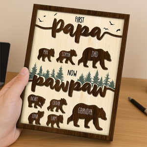 Papa Bear Family Personalized 2-Layered Wooden Plaque Gift For Dad, Grandpa