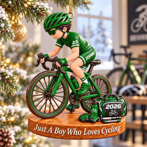 Just A Boy Who Loves Cycling – Personalized Christmas Ornament | Custom Name & Number Keepsake Gift For Cyclists & Bike Lovers