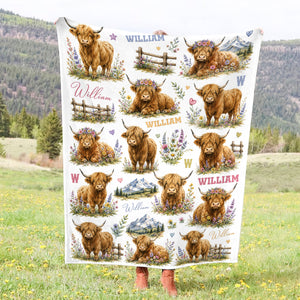 Personalized Highland Cow Baby Blanket – Custom Name Floral Design | Cute Nursery Decor & Baby Shower Gift For Boy Or Girl
