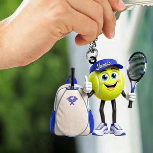 Cute ThumbsβUp Tennis Ball Mascot with Tennis Backpack Design Keychain - Personalized Tennis Keychain