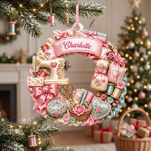 Custom Name Sewing Machine Wreath,Personalized Christmas Ornament Gift For Sewing Lovers
