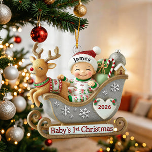 Baby’s 1st Christmas Acrylic Ornament – Adorable Reindeer Sleigh Design, Perfect Gift for Newborn Celebration