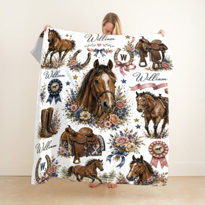 Personalized Horse Blanket, Custom Name Equestrian Blanket, Floral Horse Blanket for Girls Kids, Western Cowgirl Throw, Horse Lover Gift