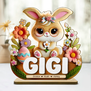 Mom Grandma's Easter Magic With Cute Bunny Engraved Standing Wooden Plaque, Heartfelt Personalized Mother's Day Gift