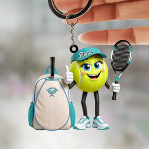 Cute ThumbsβUp Tennis Ball Mascot with Tennis Backpack Design Keychain - Personalized Tennis Keychain