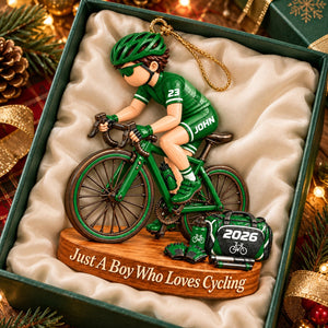 Just A Boy Who Loves Cycling – Personalized Christmas Ornament | Custom Name & Number Keepsake Gift For Cyclists & Bike Lovers