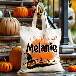 Personalized Halloween Canvas Tote Bag - Pumpkin Witch Black Cat Castle Skeleton Ghost