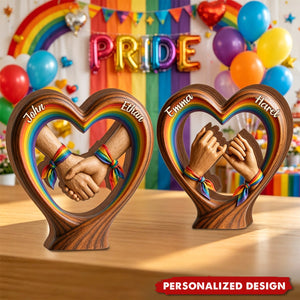 Rainbow Hand Holding - Personalized LGBTQ Wooden Heart Plaque