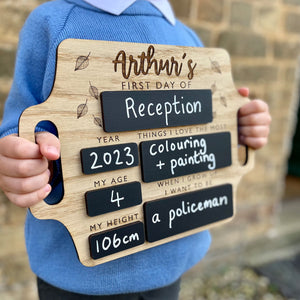 Personalized First Day of School Sign with handle - Reusable Memory Photo Board | Back To School | Starting School Nursery Preschool