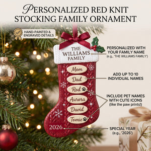Personalized Red Knit Stocking Family Ornament β Custom Family Name, Year & 10 Names | Acrylic Custom Shape Keepsake