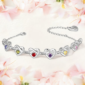 Personalized Linked Heart Bracelet With Birthstones Engraved Name