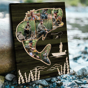 Bass Fishing Gifts, Custom Bass Fish Shape Wall Art, Fishing Collage Canvas, Fishing Gift for Dad,Gifts For Fisherman