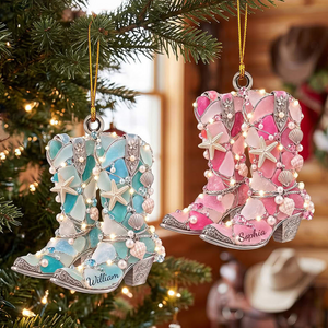 Personalized Coastal Cowgirl Boots Ornament - Custom Name Sea Glass & Seashell Western Keepsake Christmas Gift