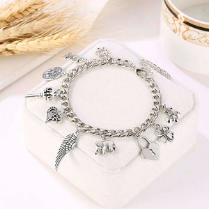 Vintage Engraved Heart Lock Key Wings Charm Ancient Silver Bracelet