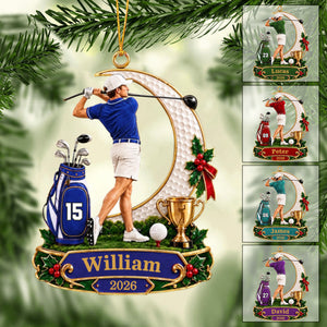 Personalized Male Golfer Christmas Ornament 2026 β Custom Name & Number Acrylic Keepsake | Golf Gift For Him