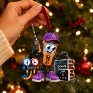 HVAC Digital Meter Mascot Holding Temperature Probe Ornament β Funny Personalized Gift for AC Technicians