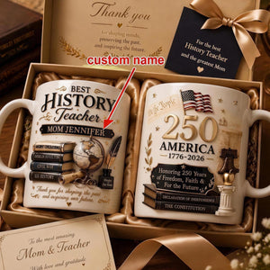 America 250th Anniversary Patriotic Coffee Cup β Personalized History Teacher Mom Mug