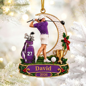 Personalized Male Golfer Christmas Ornament 2026 β Custom Name & Number Acrylic Keepsake | Golf Gift For Him