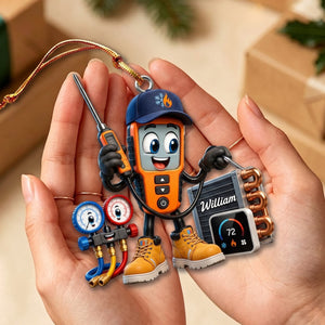 HVAC Digital Meter Mascot Holding Temperature Probe Ornament β Funny Personalized Gift for AC Technicians