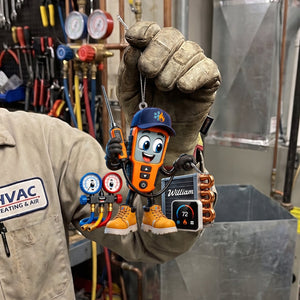 HVAC Digital Meter Mascot Holding Temperature Probe Ornament β Funny Personalized Gift for AC Technicians