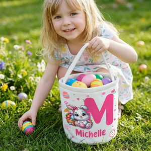 Personalized Cute Bunny Flower Canvas Easter Basket with Name and Initial Egg Hunting Accessories Easter Gift for Boys Girls