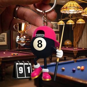 Personalized Cartoon Billiard Ball Champion Mascot Acrylic Keychain β Trophy & Cue Stick Gift For Pool Lovers