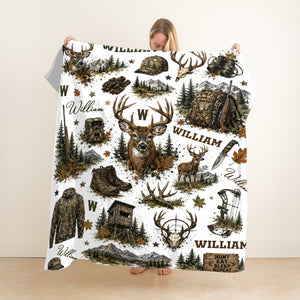 Personalized Hunting Blanket, Custom Deer Hunting Blanket with Name, Camo Hunter Throw Blanket, Outdoor Cabin Decor, Gift for Hunter Him
