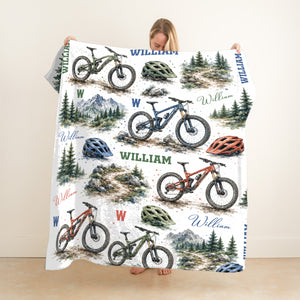 Personalized Mountain Bike Blanket, Custom Name MTB Blanket for Kids Boy Men
