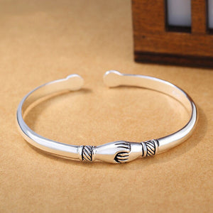 Vintage Silver Adjustable Hug Hands Bangle Open Unique Bracelet