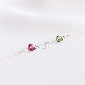 Personalized Double Heart Two Birthstone Bracelet